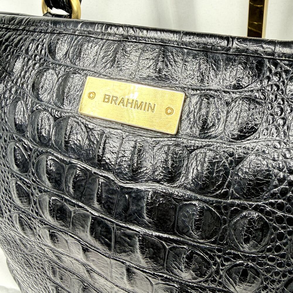Brahmin Black Croc Embossed Leather Tote Bag Gold Tassel Shoulder Purse - Picture 3 of 16